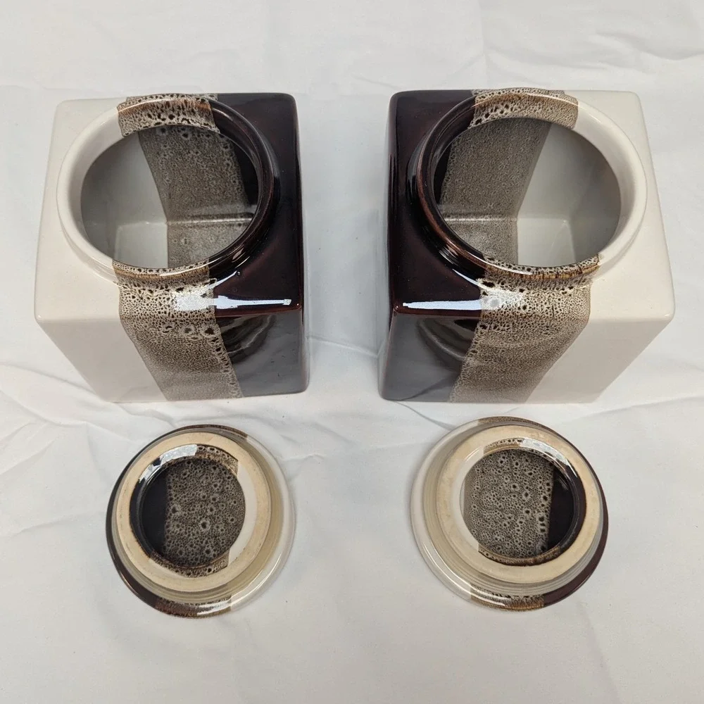 Pier 1 Canister Set Brown Tri Color Reactive Glaze 2pc Stoneware Canister